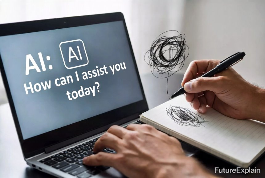 Close-up photo of one hand using a laptop with AI interface while another hand sketches ideas on paper