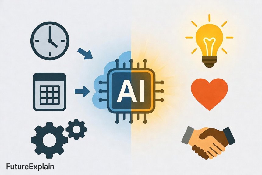 Illustration comparing tasks AI automates (like data entry) versus human skills that remain valuable (like creativity and empathy)