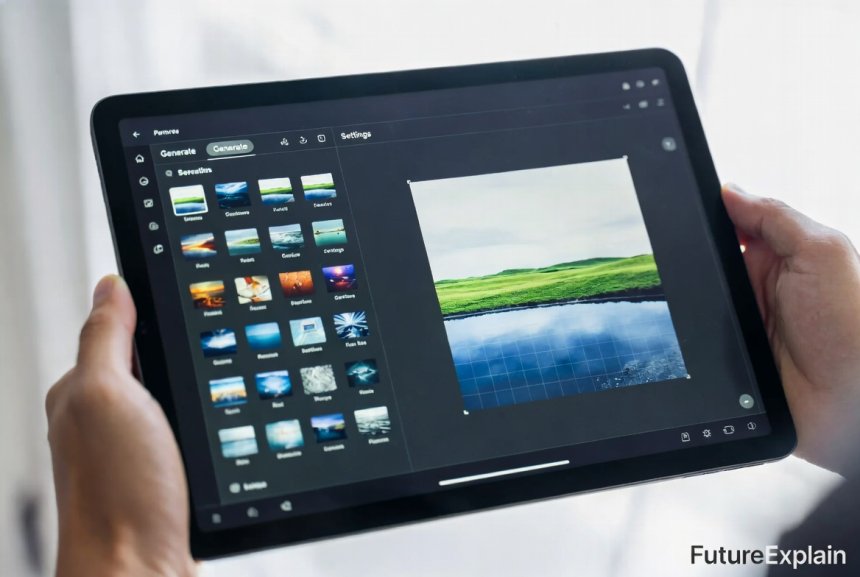 Tablet displaying an AI image generator preview.