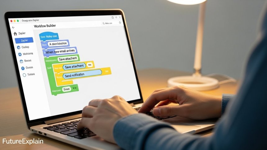 A person using a no-code workflow automation builder on their laptop, connecting trigger and action blocks visually.
