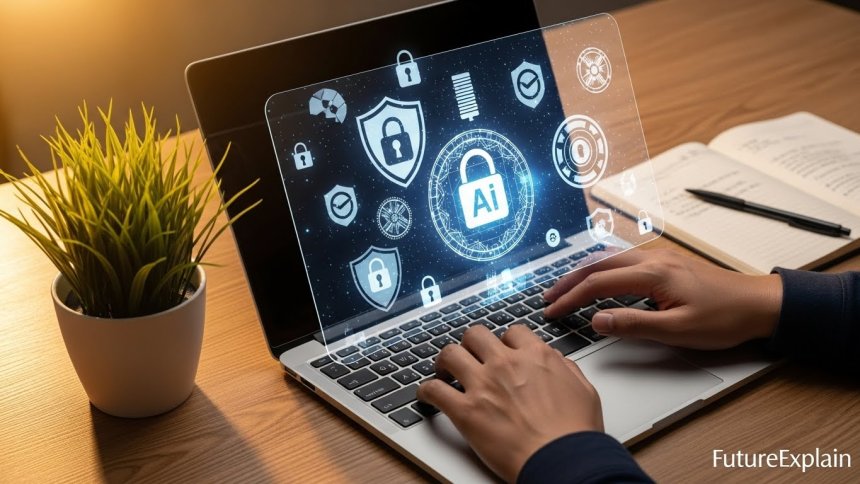 Hands typing on a laptop with digital privacy shields, illustrating secure and responsible AI tool usage.