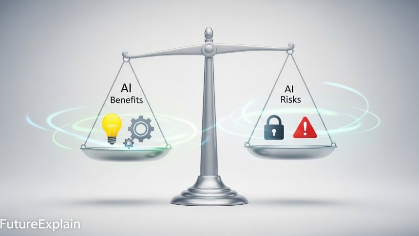 An illustration of a balance scale comparing AI benefits and risks, symbolizing the ethical considerations in artificial intelligence.