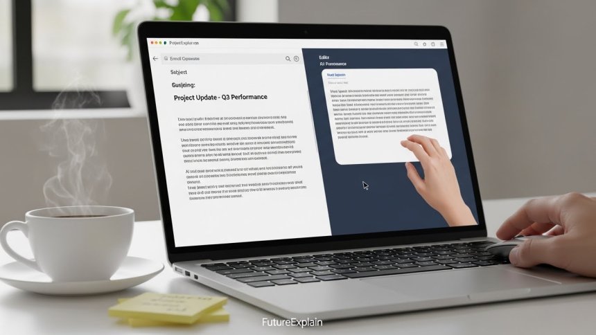 Close-up of laptop with AI-generated email draft and human editing on the screen.
