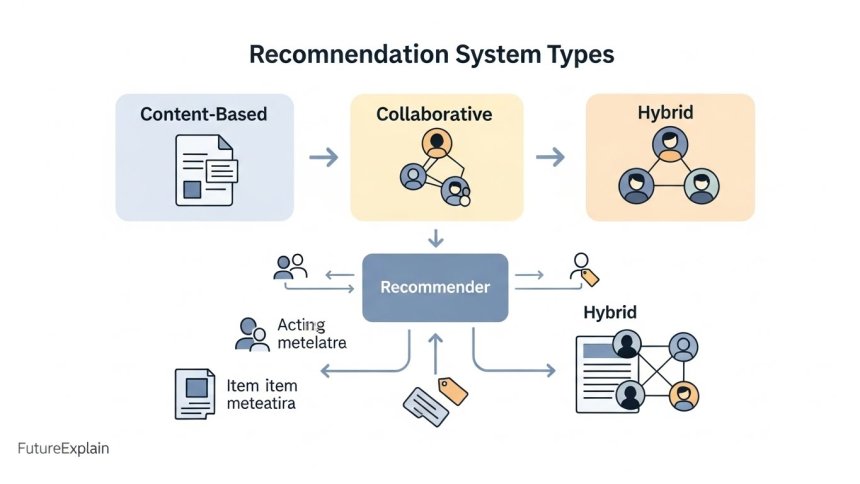 Infographic illustrating content-based, collaborative, and hybrid recommendation approaches.