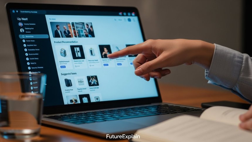 Close-up of laptop screen with personalized recommendations and a hand pointing at a suggestion.