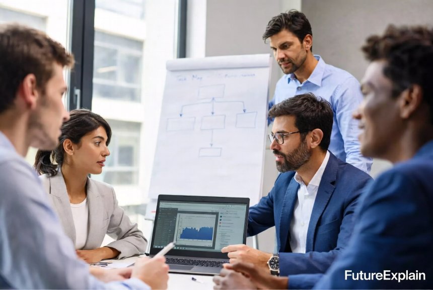 Team running a human-in-the-loop AI pilot with laptop showing outputs and a whiteboard map.