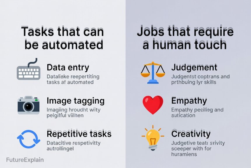Illustration comparing routine tasks that can be automated with human skills like judgement and empathy.