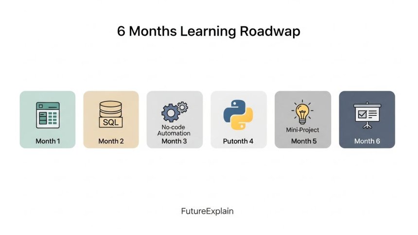 Illustrated 6-month learning roadmap with icons for skills like spreadsheets, SQL, automation, and project presentation.