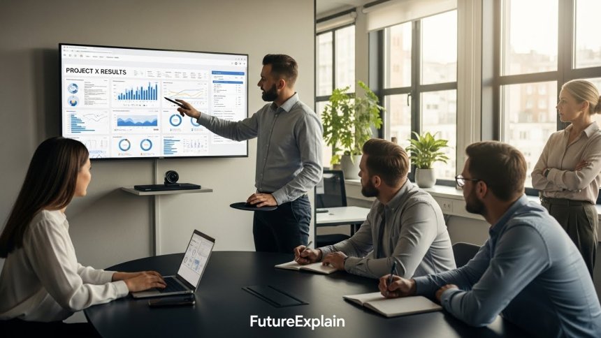 Person presenting project results on a dashboard to colleagues in an office meeting.