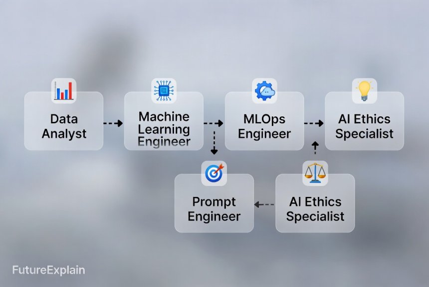 Infographic of AI career paths and progression options with simple icons.