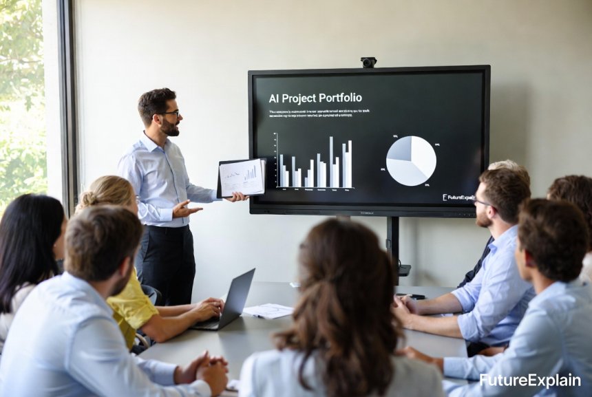 Person presenting a small AI project portfolio to colleagues with charts visible.
