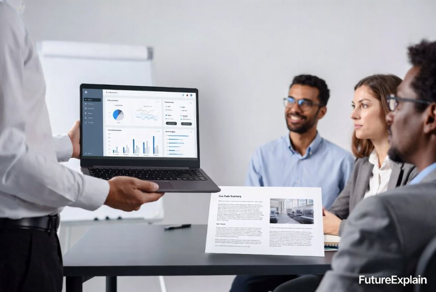 Person presenting a short AI project with a dashboard and one-page summary to colleagues.