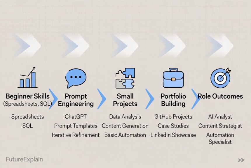 Infographic showing a beginner-friendly AI learning path with icons and arrows.