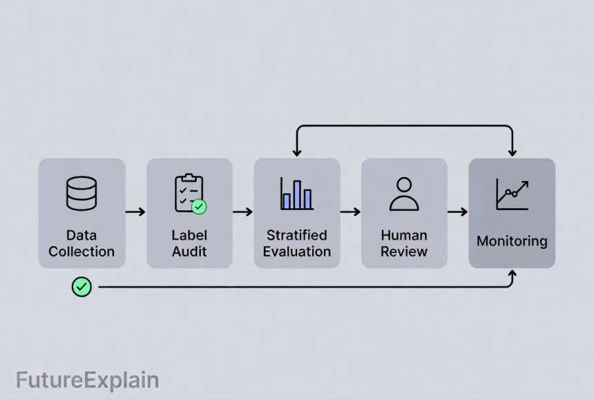 Illustration of an ethical AI checklist flowchart with icons for data, labels, evaluation, and monitoring.