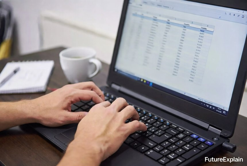 Close-up of hands typing on a laptop spreadsheet used for data inventory, coffee cup nearby (FutureExplain watermark bottom-right).