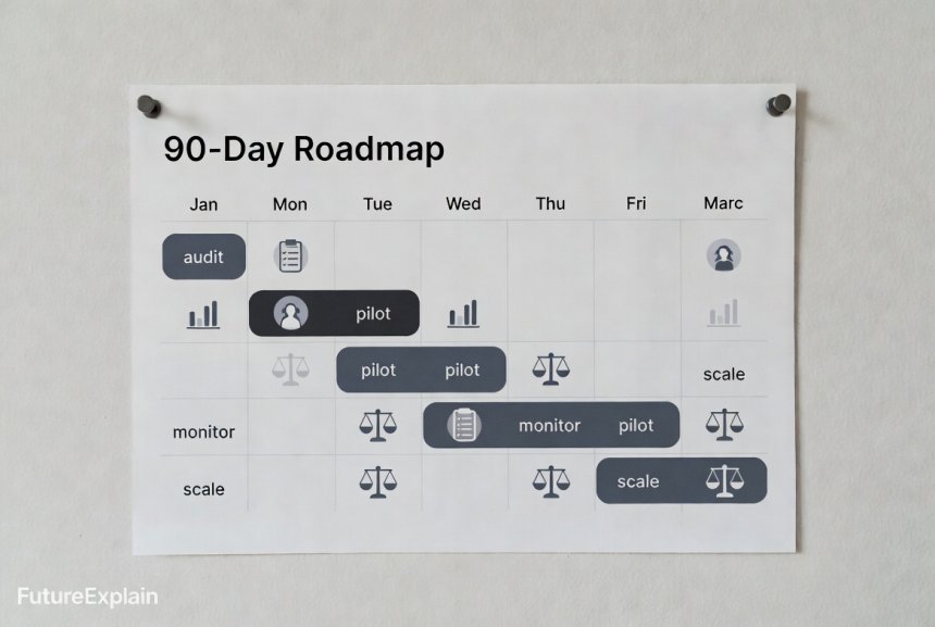 Illustrated 90-day roadmap calendar with icons for audit, pilot, monitor, scale (FutureExplain watermark bottom-left).