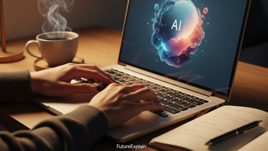 Close-up of hands typing a prompt on a laptop with an AI-generated image on the screen and a notebook nearby. 