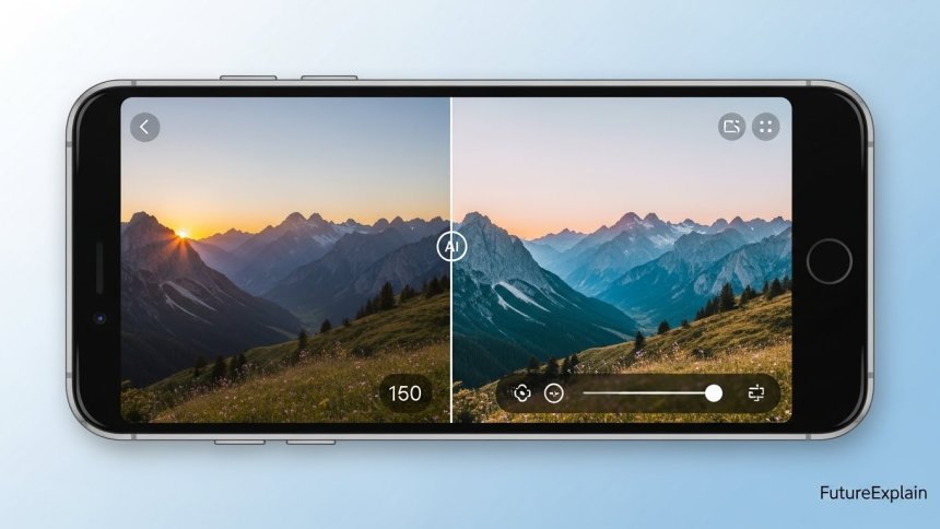 Smartphone showing an AI photo editing app with before-and-after image comparison
