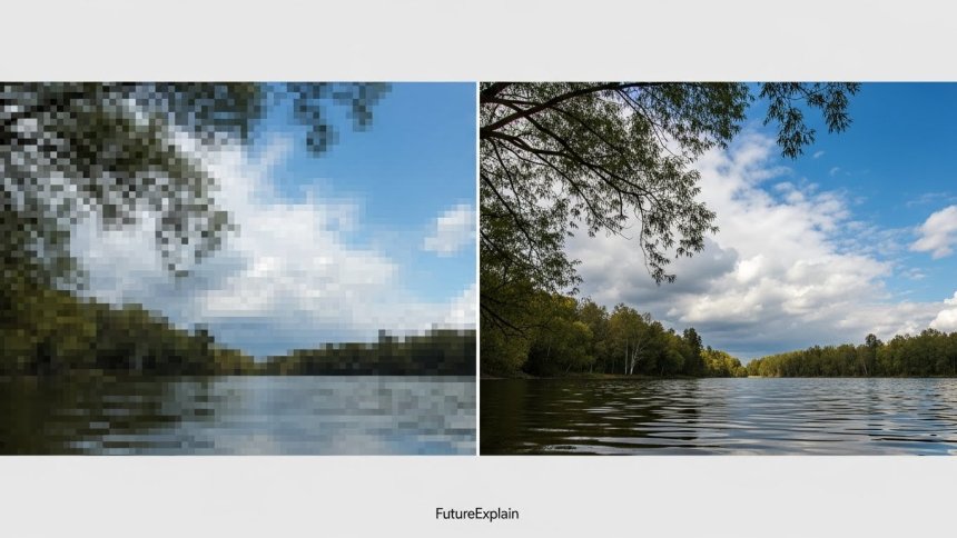 Side-by-side comparison of a low-resolution photo and an AI-enhanced high-resolution version