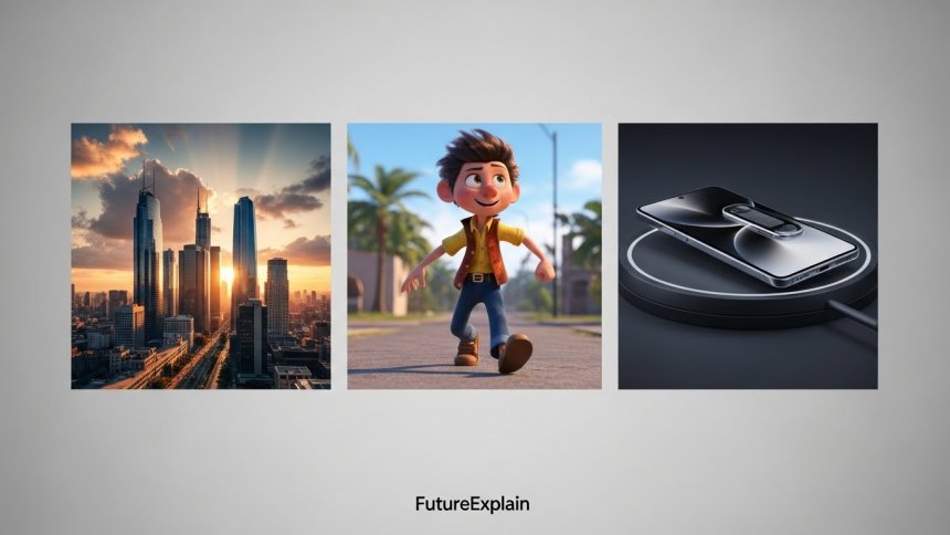Three thumbnail frames showing sample AI-generated clips: sunrise cityscape, animated character walking, and product close-up.