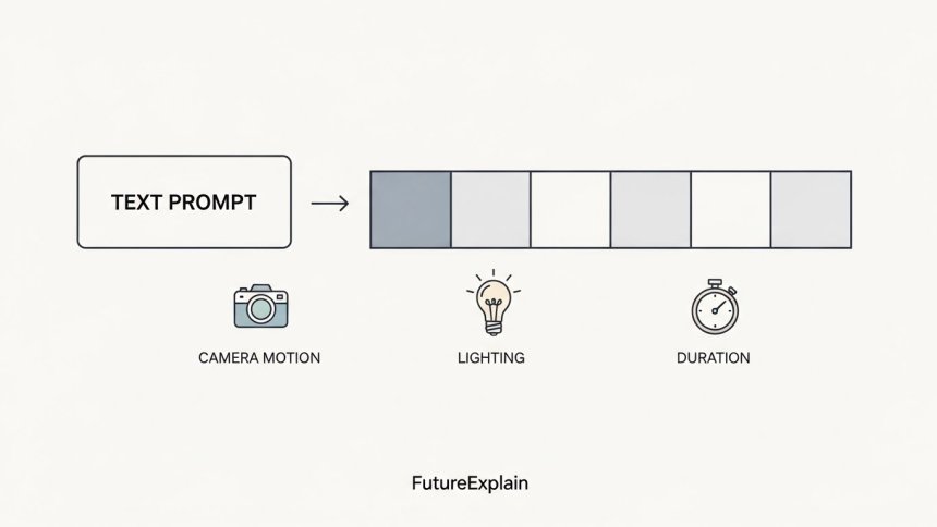 Illustration showing a text prompt converting into a short video timeline with annotated icons for camera motion and duration.