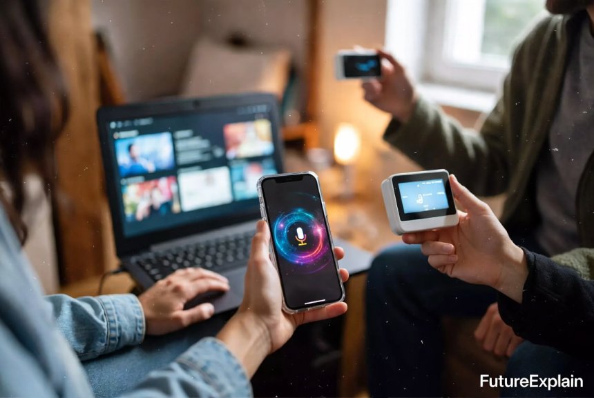 People using everyday AI tools: voice assistant, recommendation system, and smart home device