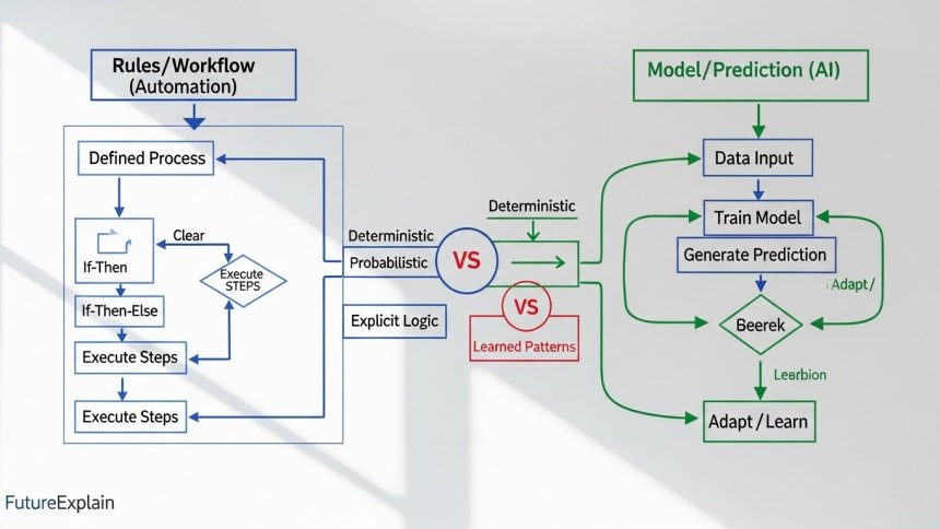 Whiteboard flowchart contrasting rule-based automation and data-driven AI model