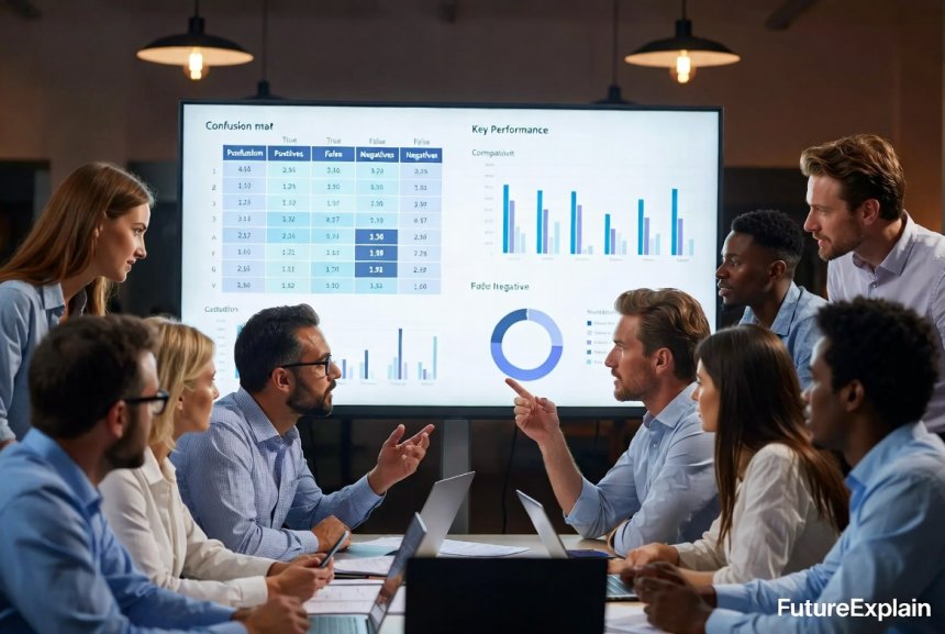 Small team reviewing model results and a dashboard on a large monitor