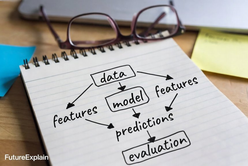 Notepad illustrating data → features → model → predictions → evaluation flow