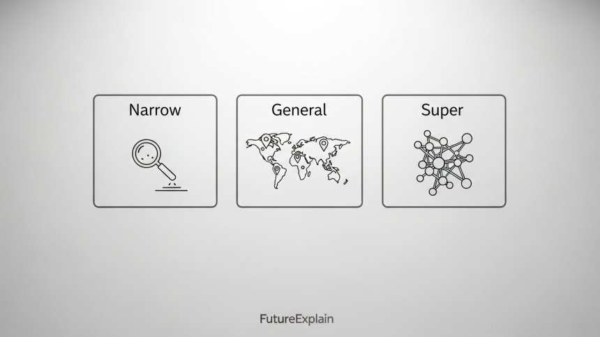 Whiteboard-style three-box infographic contrasting narrow, general, and super AI