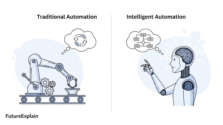 Comparison between traditional automation and intelligent automation with AI decision-making
