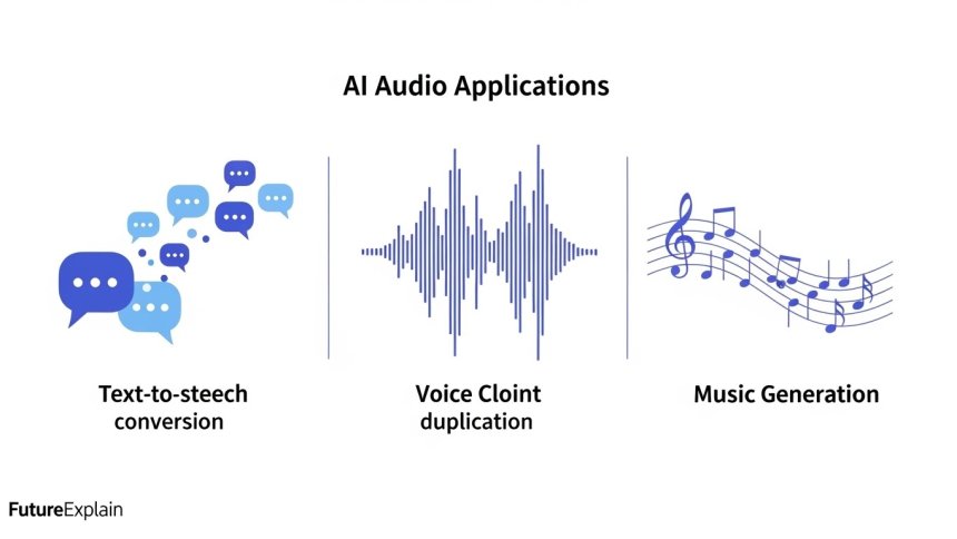 Three types of AI audio applications: text-to-speech, voice cloning, and music generation