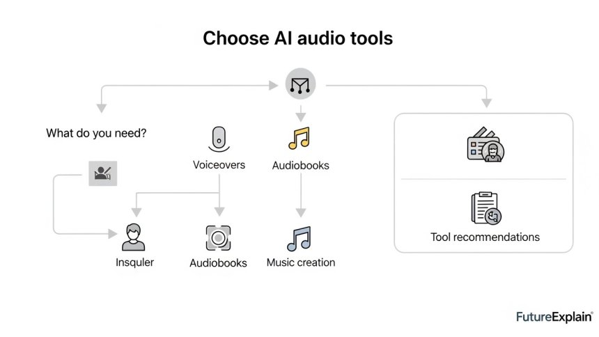 Three types of AI audio applications: text-to-speech, voice cloning, and music generation