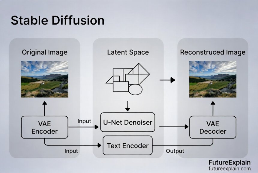 Diagram of Stable Diffusion architecture showing latent space processing