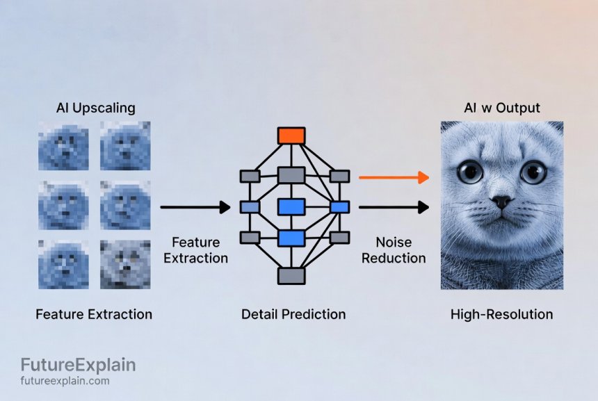 Diagram explaining how AI upscaling neural networks work from low-resolution to high-resolution images