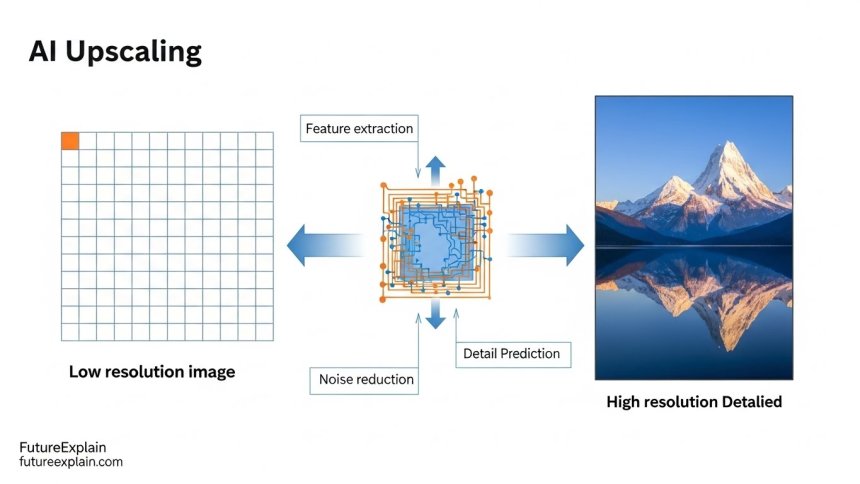 Comparison of traditional, AI, and hybrid upscaling methods showing differences in quality and artifacts