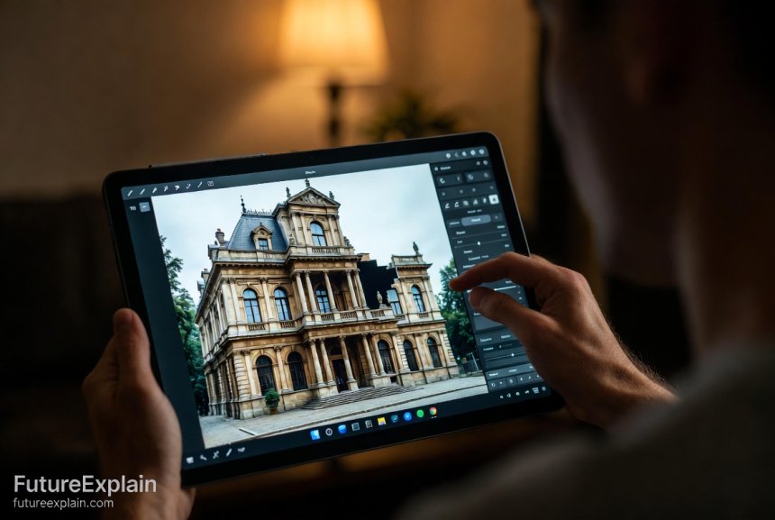 Creative professional using AI inpainting tool to restore a damaged historical photo on a tablet
