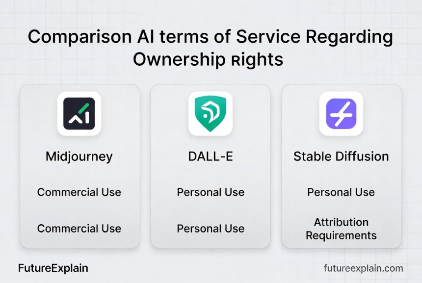 Comparison infographic of AI tool terms of service regarding copyright and commercial usage rights