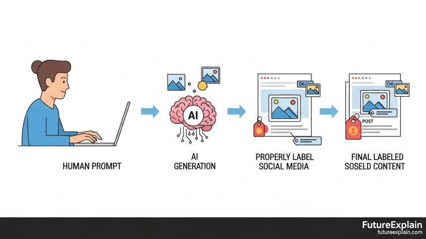 Visual workflow showing proper attribution process for AI-generated content from creation to publication