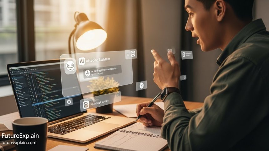 Beginner programmer happily using AI coding assistant for the first time with helpful suggestions appearing in their code editor