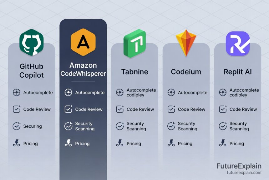 Comparison infographic of top 5 AI coding tools: GitHub Copilot, Amazon CodeWhisperer, Tabnine, Codeium, and Replit AI with key features