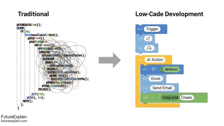 An infographic comparing complex traditional coding to simple, visual low-code automation building blocks.