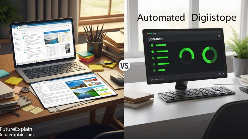 A visual comparison between a cluttered manual workspace and an organized, automated digital dashboard.