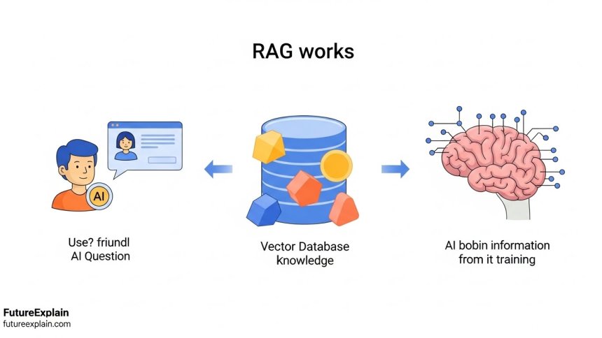 Diagram showing the RAG process: user question, knowledge retrieval from database, and AI response generation