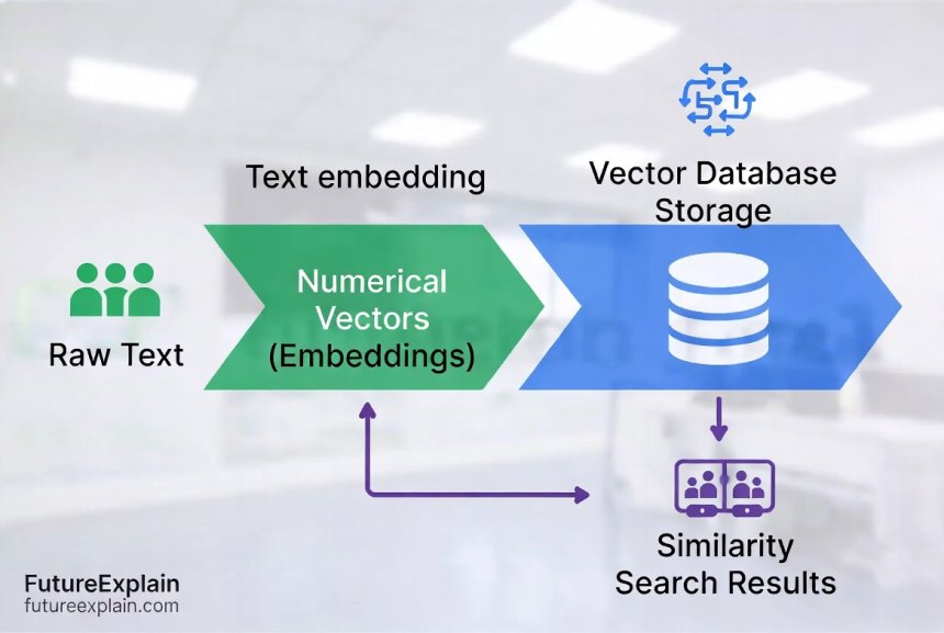 Flow diagram illustrating how text becomes embeddings stored in vector databases enabling similarity search
