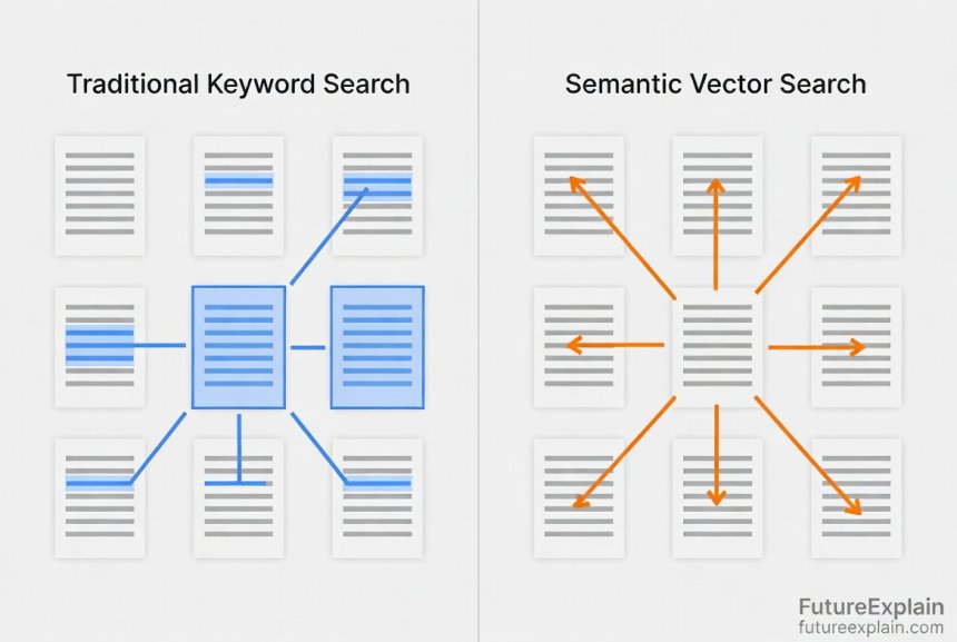 Comparison diagram showing traditional keyword search versus modern semantic vector search for document retrieval