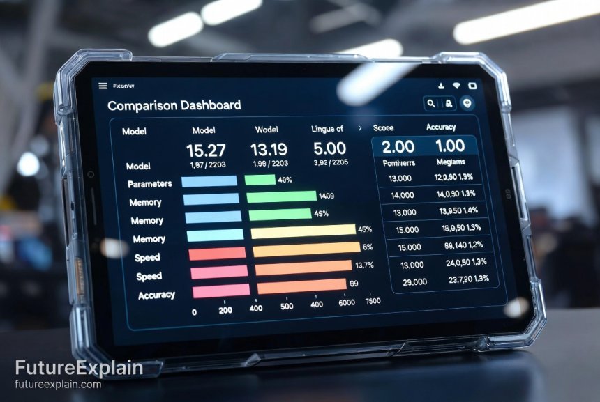 Comparison dashboard showing performance metrics of different large language models on a tablet