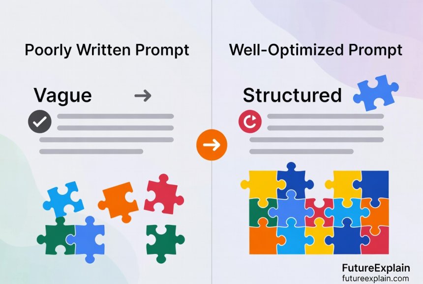 Comparison of ineffective versus effective AI prompts with visual quality indicators