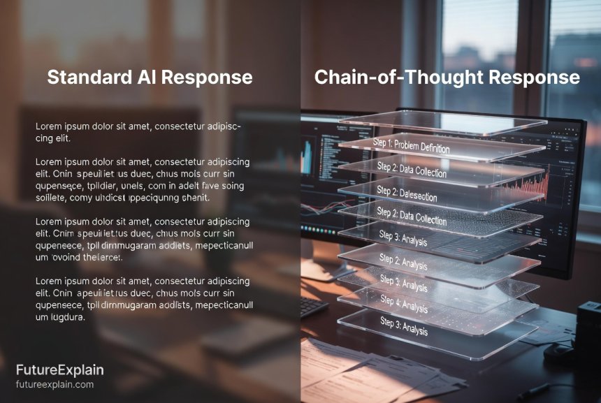 Comparison visualization showing standard AI response versus chain-of-thought reasoning approach