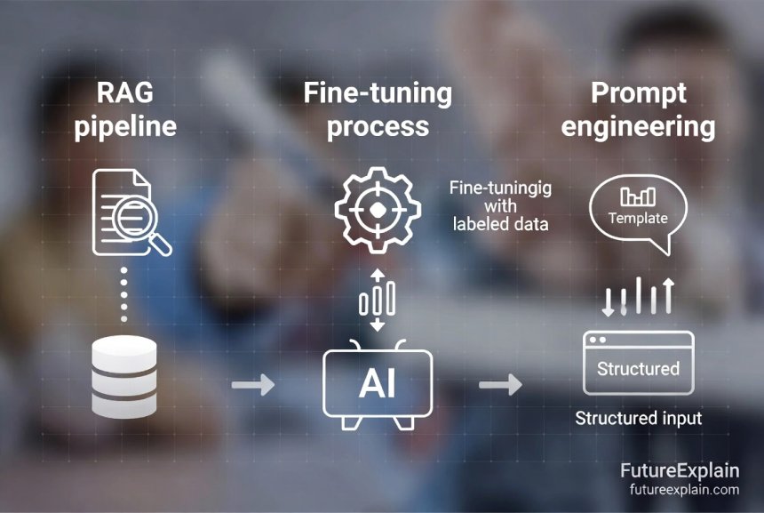 Visual comparison of different AI hallucination mitigation techniques: RAG, fine-tuning, and prompt engineering